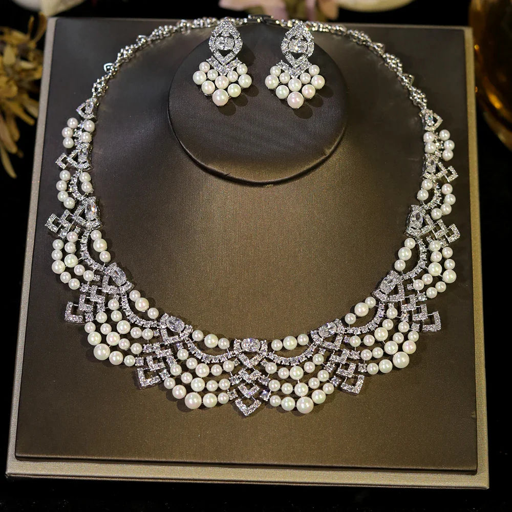 Luxury Crystal Zircon Circular Shape golden Pearl Necklace Women Dubai Bridal Wedding Birthday Party Indian Jewelry Set Gift