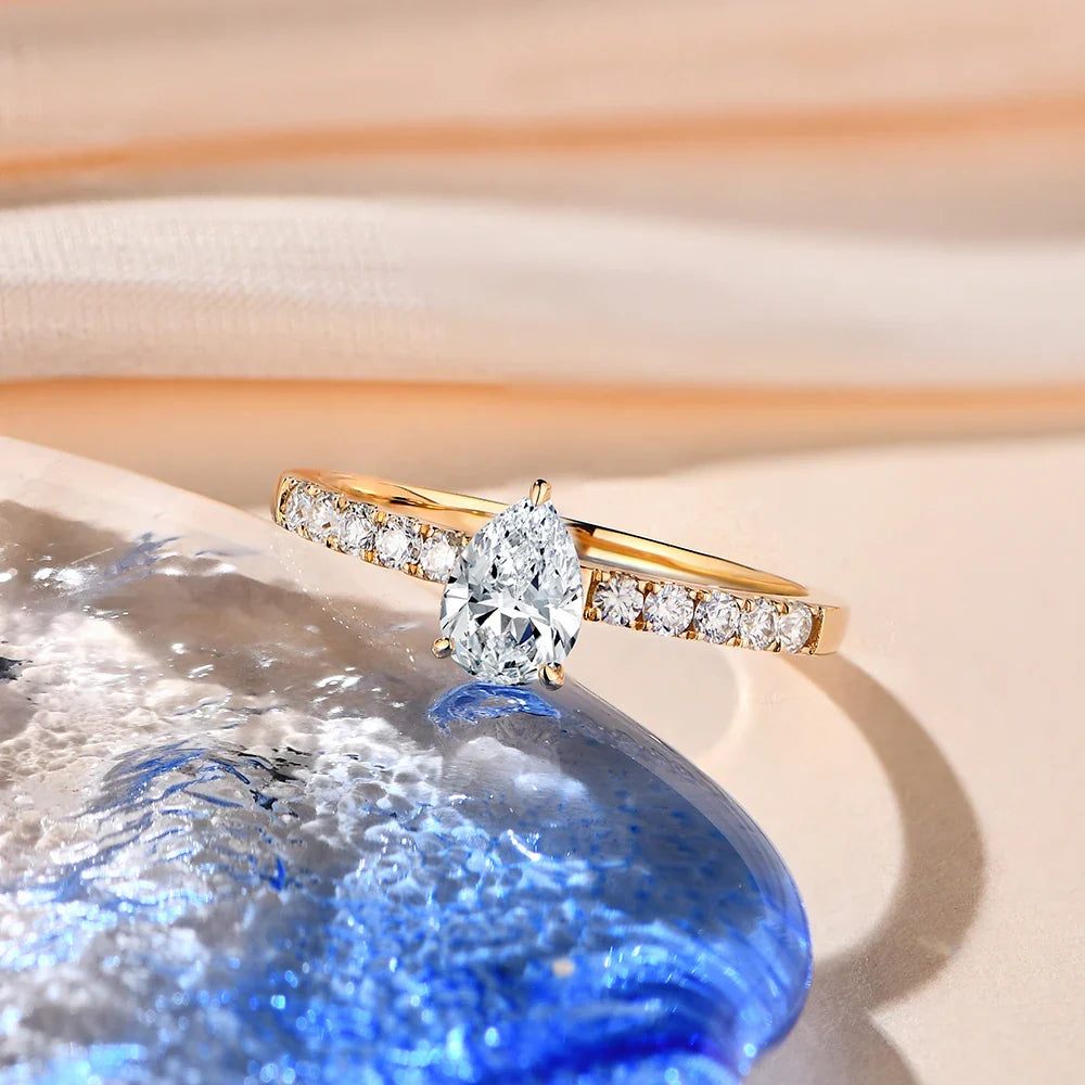 New 5*7mm Moissanite 10k Yellow Gold Pear Shape Engagement Ring Promise Wedding Rings For Women Trends Jewelry Gift