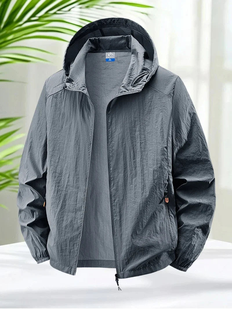 Men's Hooded Sun Protection Jacket Lightweight Outdoor Windbreaker Quick Dry Breathable UV Coat for Hiking Running Travel Beach