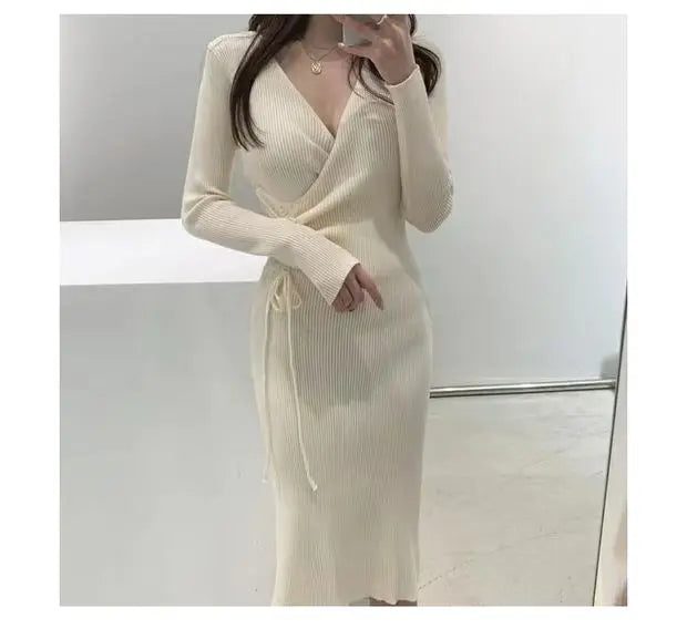 Chic V-ne Knitted Wrap Waist Slimming Mid-length A-line Dr Women's Sweater Dr Korean Sle High Waist Long Sve