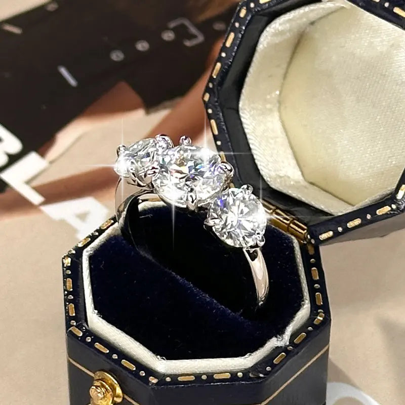 14k Gold Filled Three Stone Ring 8mm&6.5mm D Color Round Moissanite Certified Engagement Wedding Jewelry for Women Rings