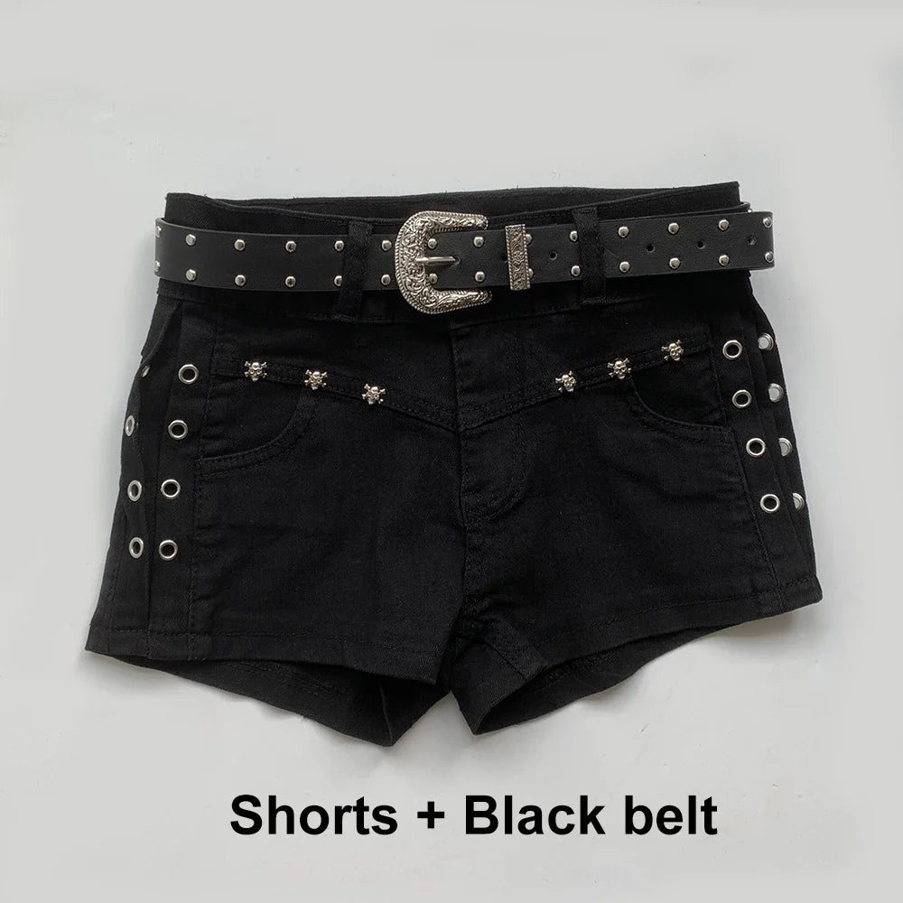 Summer Black Sexy Low Waist Y2K Jean Shorts Women Holiday Punk Gothic Denim Pants Korean Daily Fashion Skinny Strech Shorts+Belt