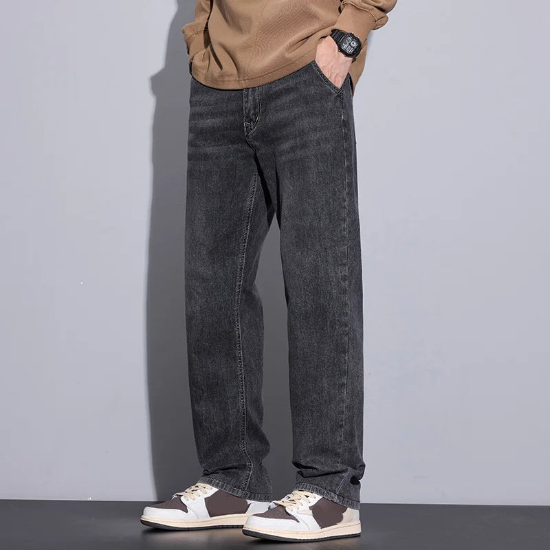 New Men's Micro Elastic Wide Leg Jeans American Retro Versatile Loose Fit Long Pants for All Seasons