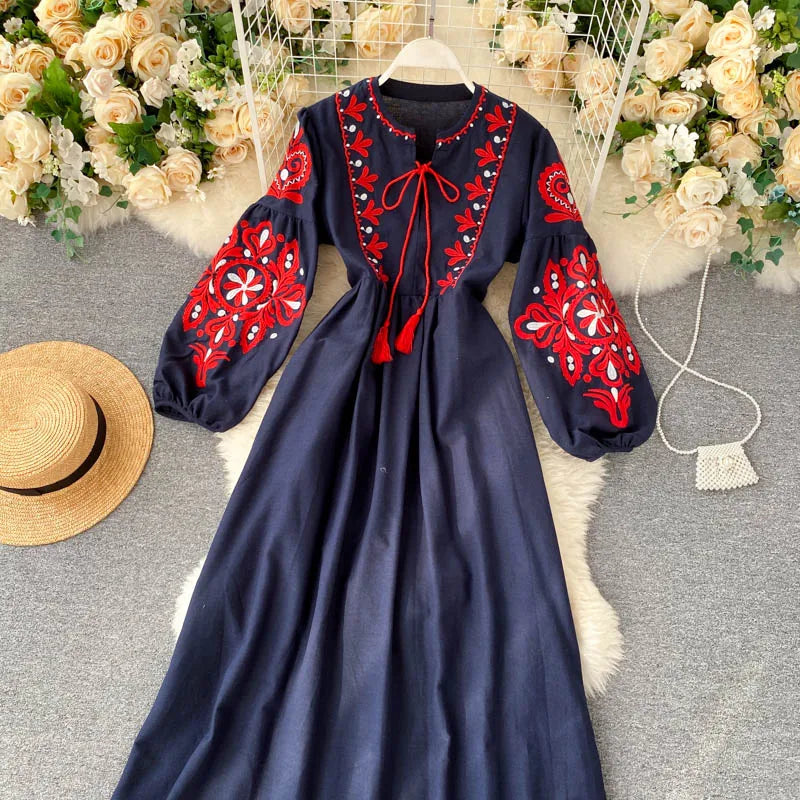 Embroidered Flower Long Sve Loose Fit Lantern Sve Gathered Slimming A-Line Dr Women's round Ne Dr