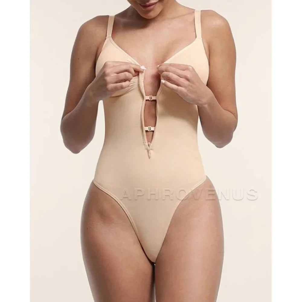 Colombian Fajas Shapewear Seamless V-Neck Bodysuit with Zipper for Tummy Control & Waist Cinching Thong Body Shaper