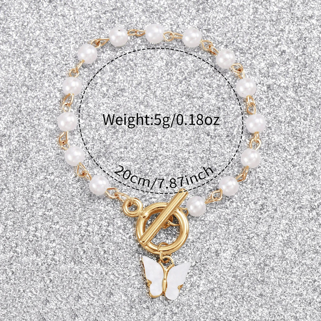 2PCS/Set Women's Watch Fashion Plastic Band Analog Quartz Watch Pearls Butterfly Bracelet Set