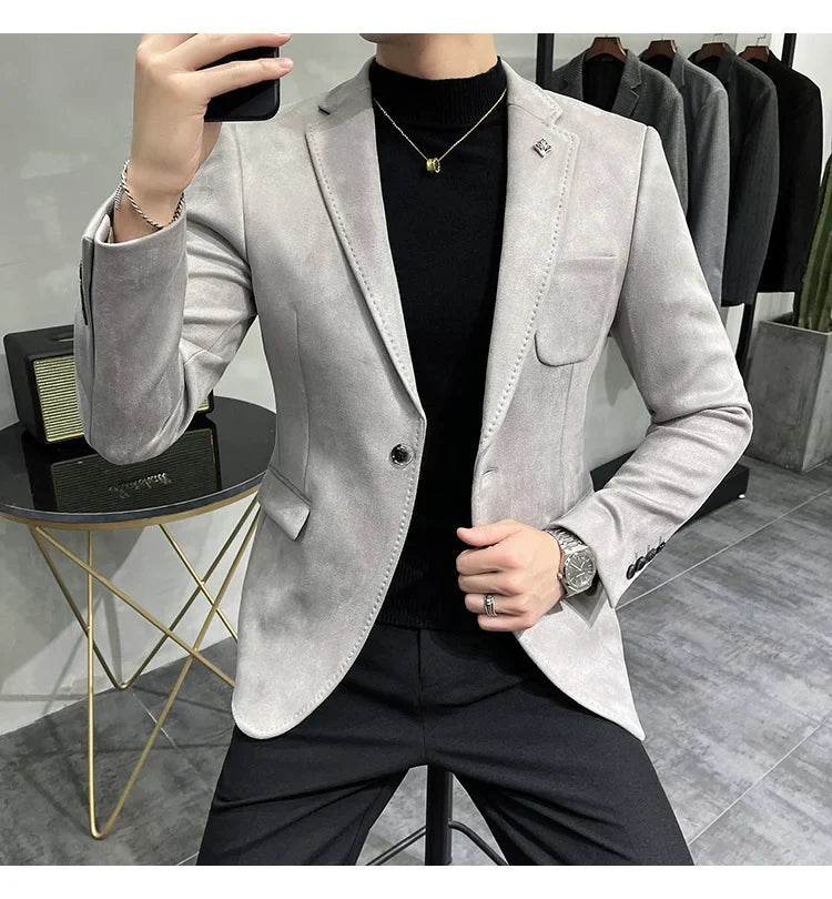 Plus Size 4XL-M Autumn Deerskin Velvet Jackets Blazer 6 Color Men Business Slim Blazers Hommes Casual Wedding Tuxedo Suit Coat