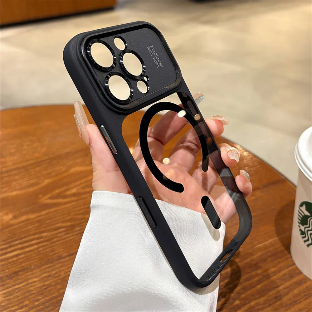 Luxury Magnetic Metal Lens Bumper Protection Case For iPhone 17 16 15 14 13 Pro Max Plus For Magsafe Acrylic Translucency Cover