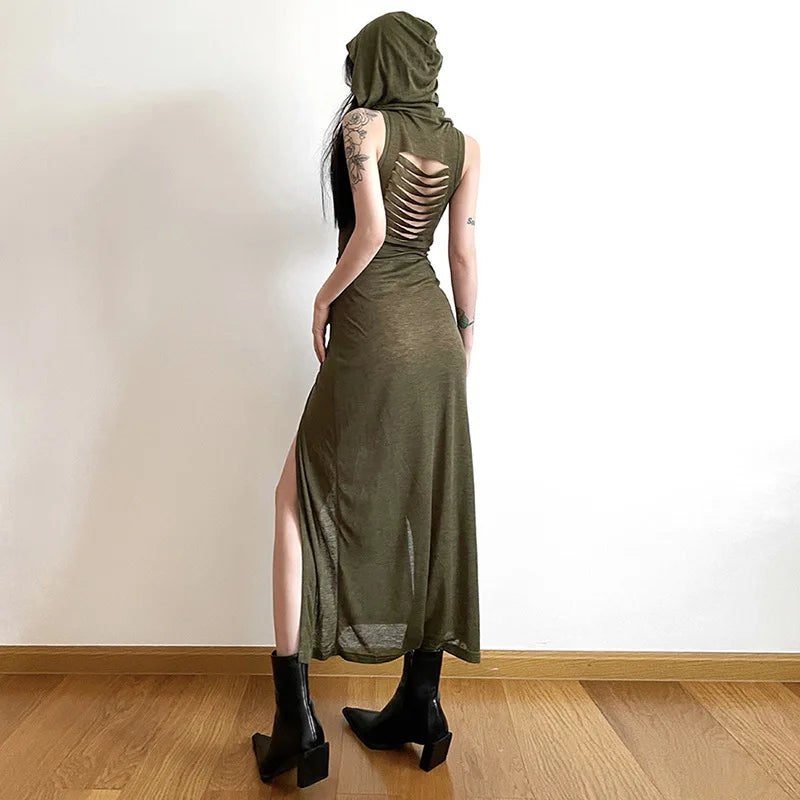 Summer 2023 Sexy European And American Style Sleeveless Hooded Dress Long Split Hollow out Pure Color Women's Gown