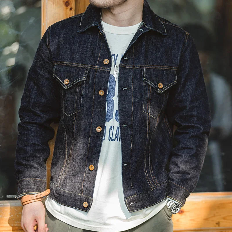 Men's Denim Jacket Washed Vintage Jean Jacket Type III Trucker Jacket Cotton Slim Fit Workwear Outerwear Autumn Dark Blue