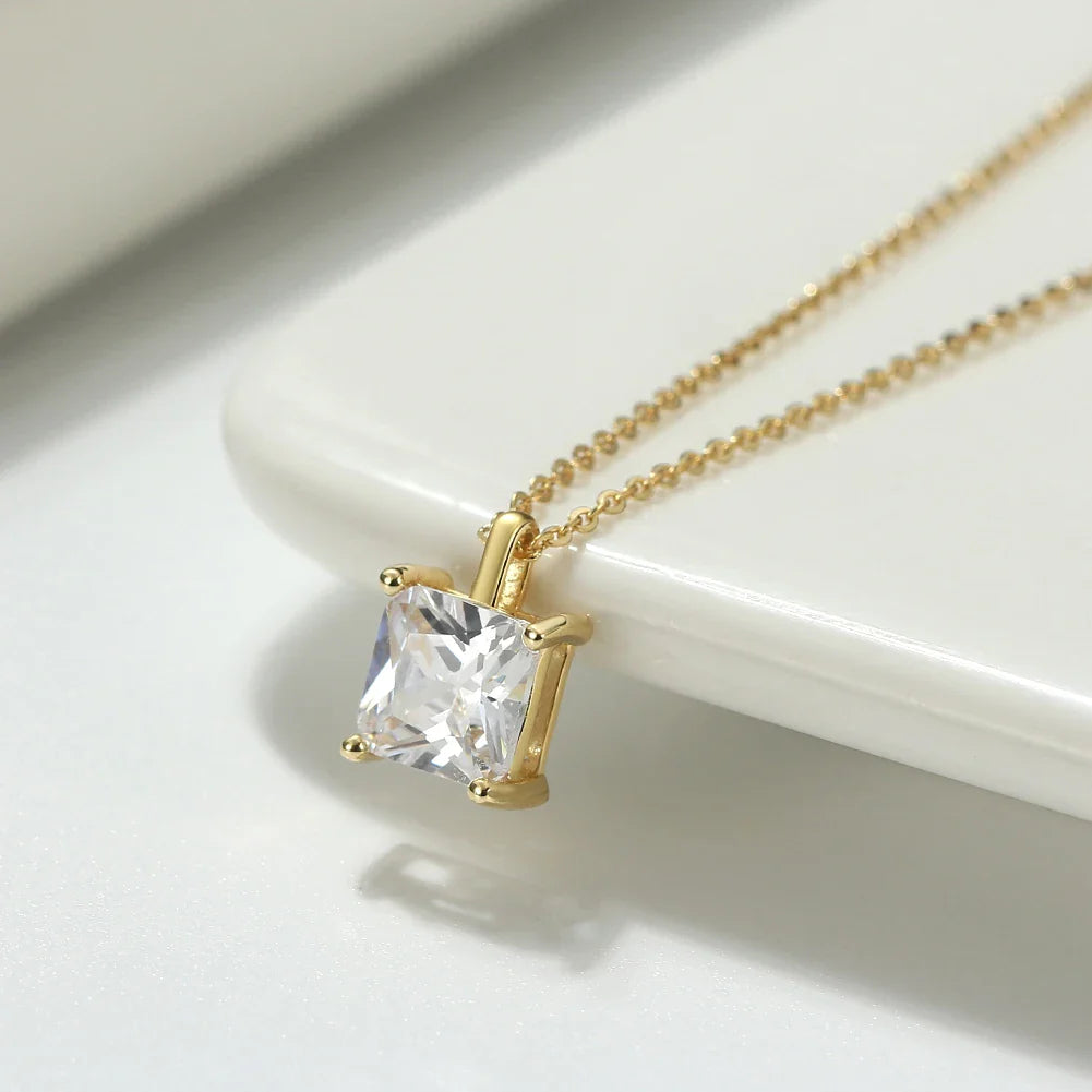 Classic Dainty 925 sterling Silver Princess Cut Solitaire Cubic Zirconia Pendant Necklace for Women Jewelry APN12