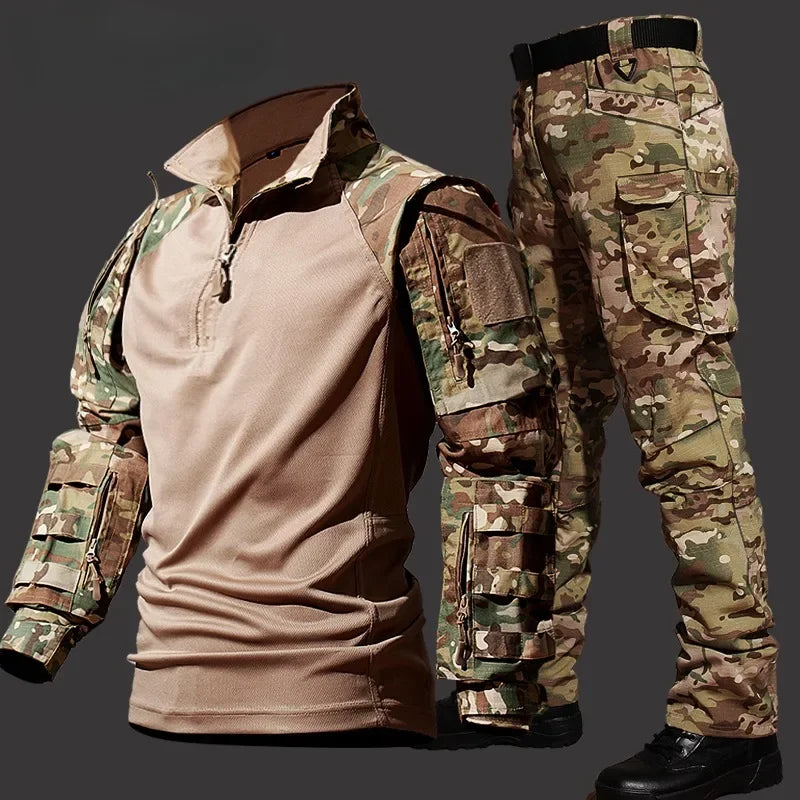 Autumn Tactical Sets Men Outdoor Breathable Short Sleeve Tshirt+Waterproof Straight Pant 2 Pcs Suits Camo Multi-pocket Cargo Set