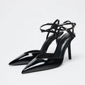 Elegant Pointed Toe Ankle Strap Brand Pumps Women High Quality Patent Leather Buckle Thin Heel Slide Sandals Banquet Dress Shoes