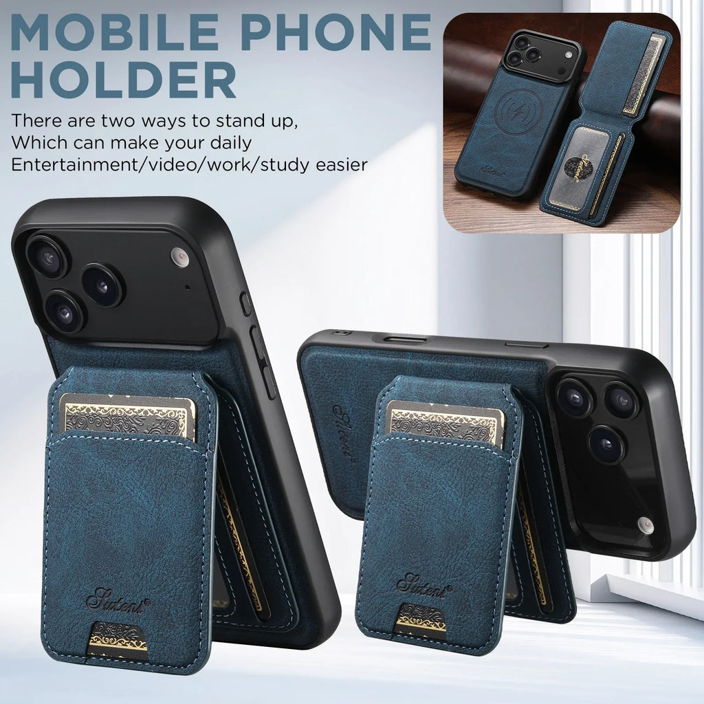 SUTENI Wireless Charging Phone Case Magnet Card Holder Stand Faux Leather For iPhone 17 Pro Max 16 Plus 15 14 13 12