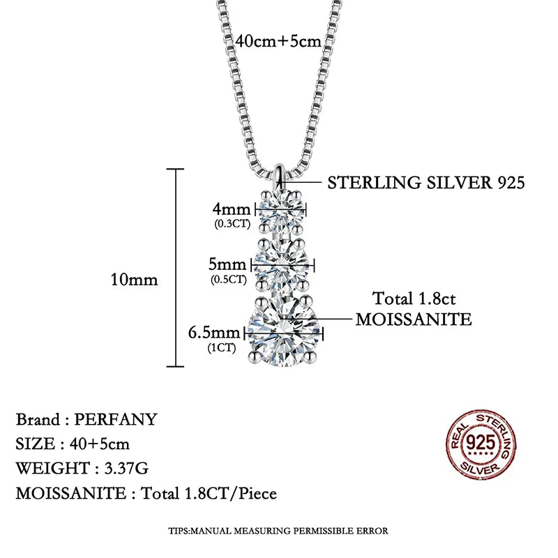 1.8CT Moissanite Necklace for Women S925 Pure Silver 3-Stone Laboratory Cultivated Diamond Pendant Luxury Jewelry Gift
