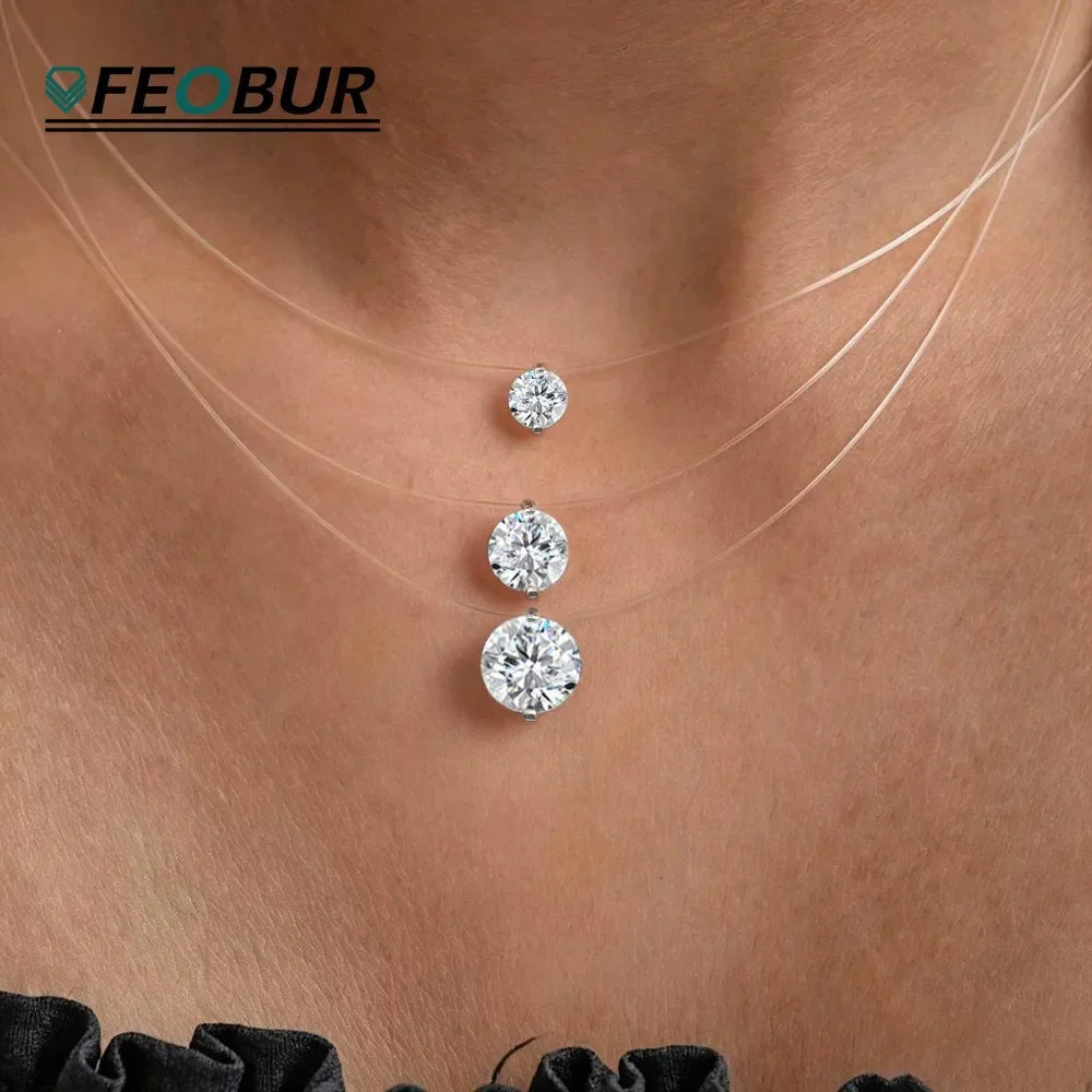 Certified D VVS1 0.5-5CT Moissanite Pendant Necklace for Women Diamond Transparent Fishing Line Chain Party Jewelry S925 Silver
