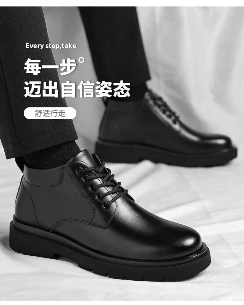 Mens Black Leather Lace Up Mid Top Boots Winter Warm Formal Business Office Wedding Shoes Black Work Boots Fashionable Dad Shoes