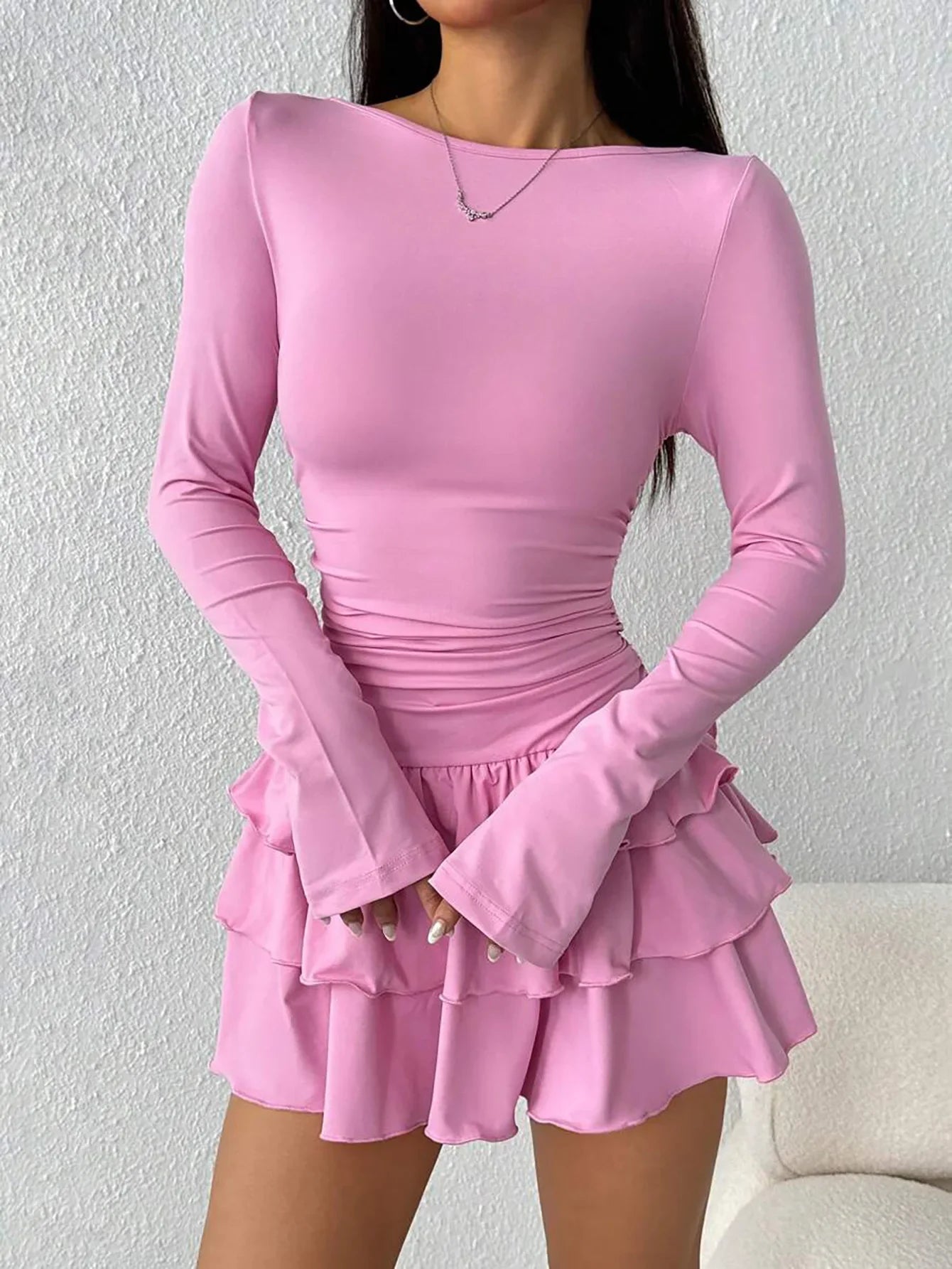 Autumn Winter Solid Color Slim Fit Cascading Ruffles Mini Dress Women Elegant Flare Sleeve High Waist Sexy Party Bodycon Dresses