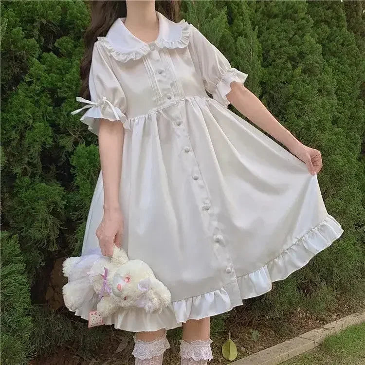 Japanese Sweet Girl Lolita Dress White 2021 Summer Kawaii Peter Pan Collar Cute Ruffle Puff Sleeve Drees Elegant Lady Dresses