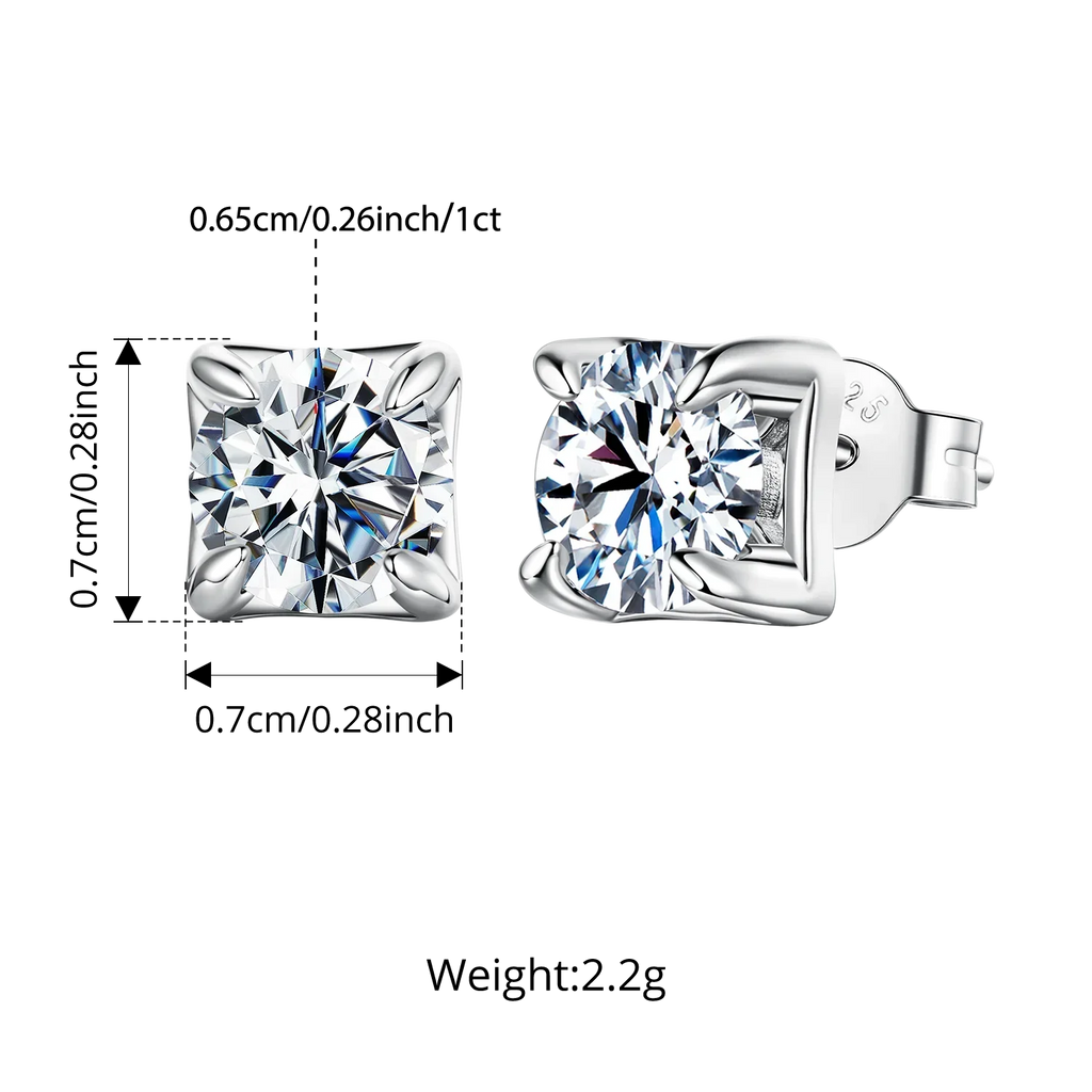 Original Square Moissanite Stud Earrings, S925 Silver 4 Prongs D Color Round Cut Lab Sparkling Wedding Fine Jewelry