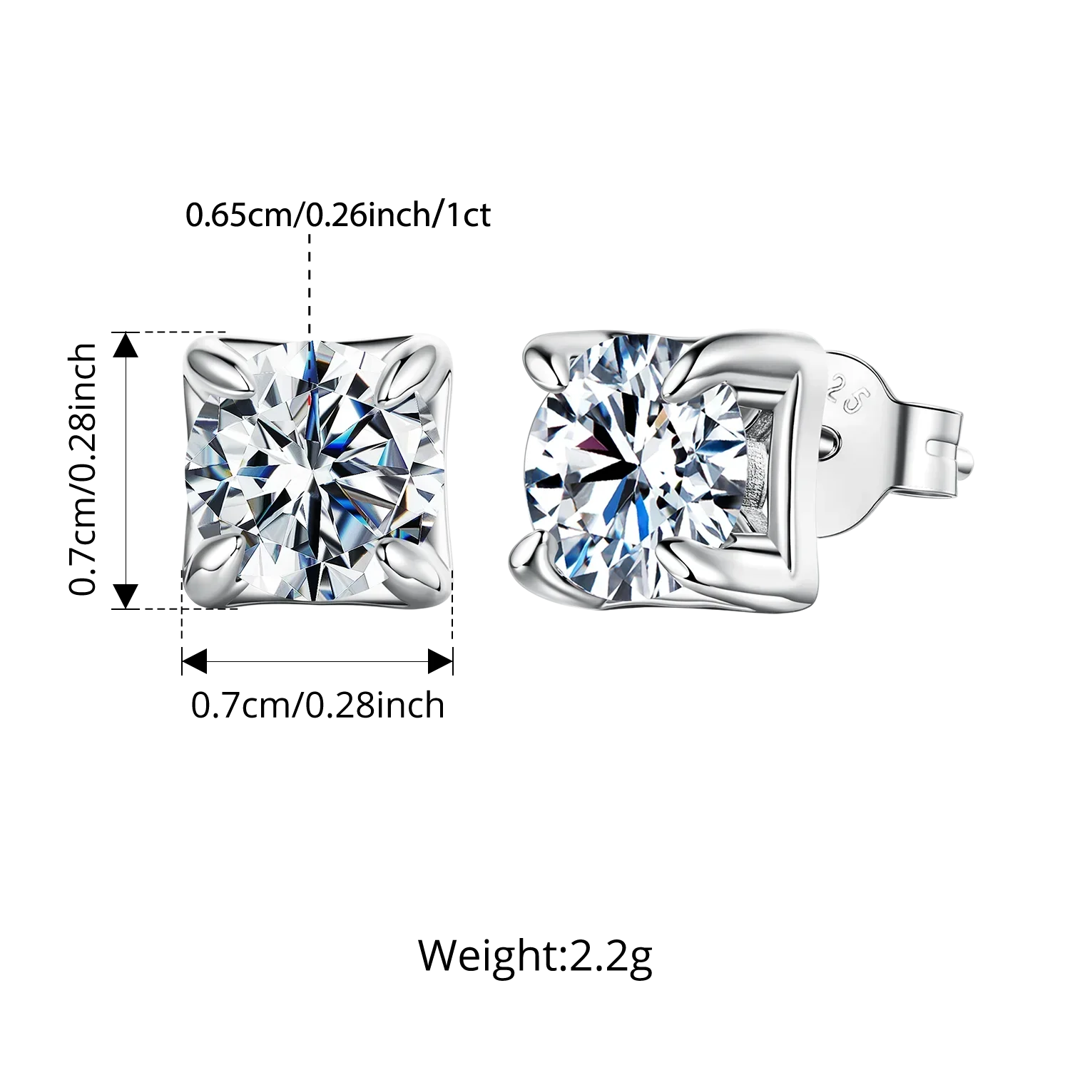 Original Square Moissanite Stud Earrings, S925 Silver 4 Prongs D Color Round Cut Lab Sparkling Wedding Fine Jewelry