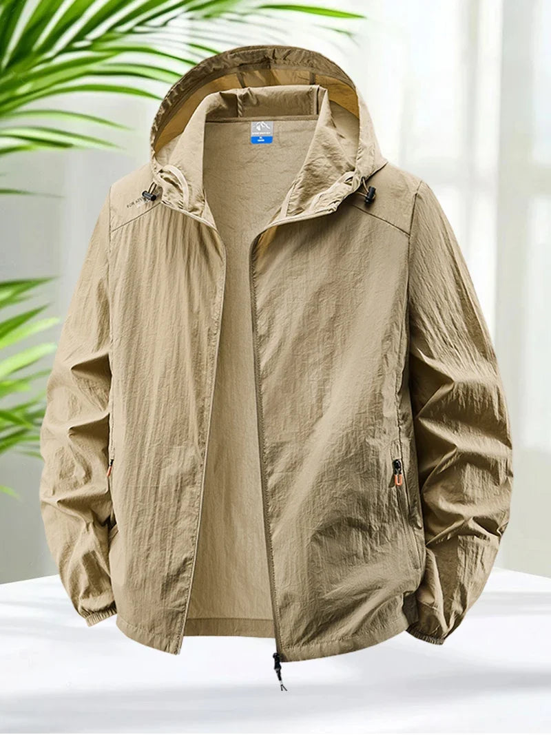 Men's Hooded Sun Protection Jacket Lightweight Outdoor Windbreaker Quick Dry Breathable UV Coat for Hiking Running Travel Beach