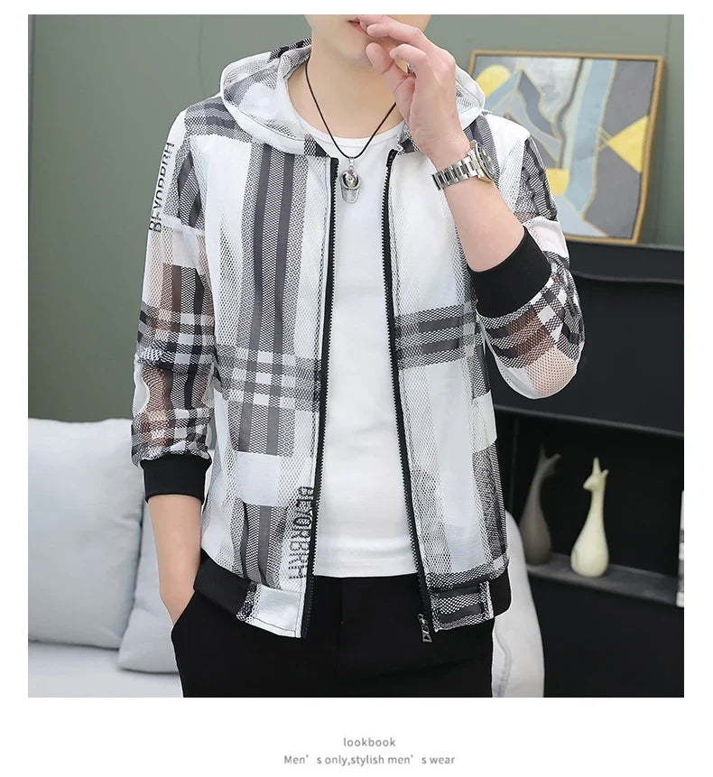 Men's Summer Mesh Sun Protection Clothing Trendy Stripe Print Ice Silk Cool Feeling Breathable Quick Dry Hooded Jacket