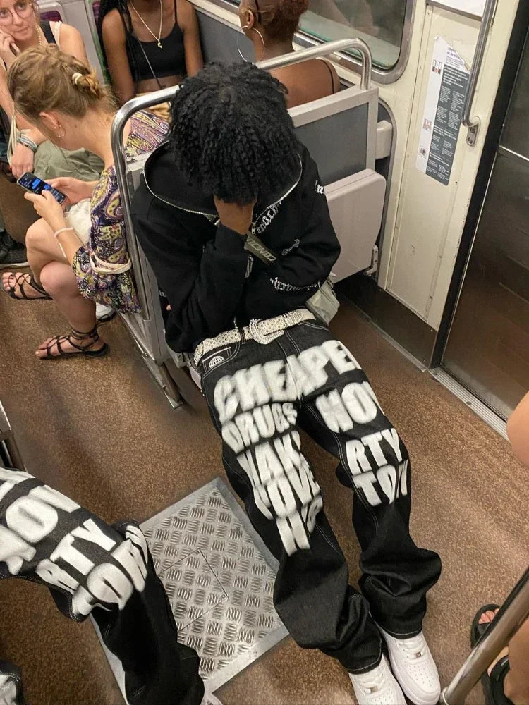 Wide Leg Jeans Y2k 2026 New Trend Fashion Punk Loose Straight Hip Hop Letter Printed Black Pants Men Women Trousers Streetwear