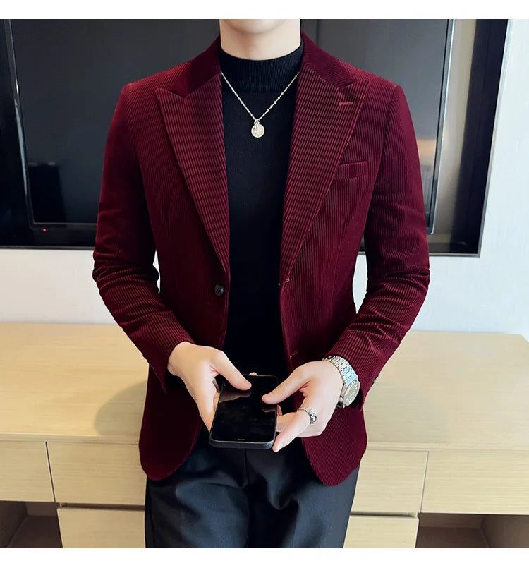Corduroy Stripe Suit Jacket For Men Autumn Winter Business Slim Fit Tailcoat Formal Wedding Party Fashion Casual Suit Coat 4XL-M