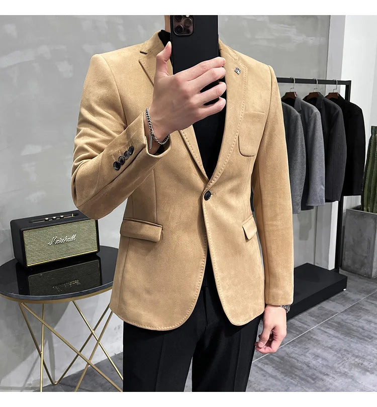 Plus Size 4XL-M Autumn Deerskin Velvet Jackets Blazer 6 Color Men Business Slim Blazers Hommes Casual Wedding Tuxedo Suit Coat