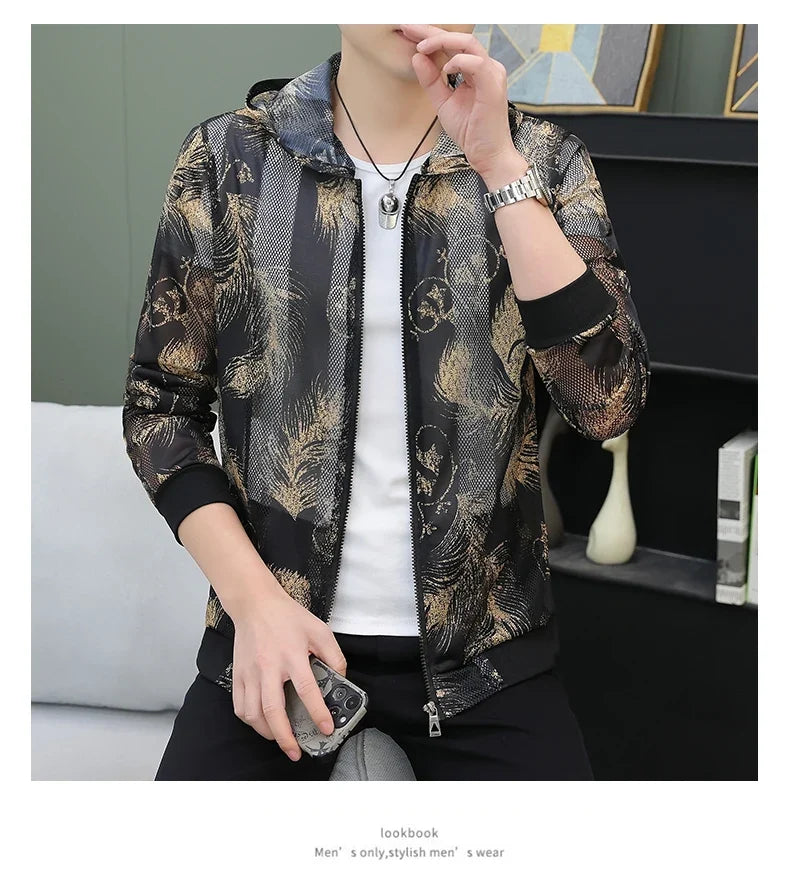 Men's Summer Mesh Sun Protection Clothing Trendy Stripe Print Ice Silk Cool Feeling Breathable Quick Dry Hooded Jacket