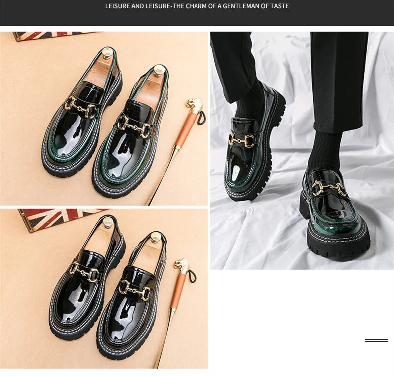 New Men Patent Leather Loafers Fashion Casual Shoes Male Thick Sole Increased Height Slip On Breathable Comfortable Driving Shoe