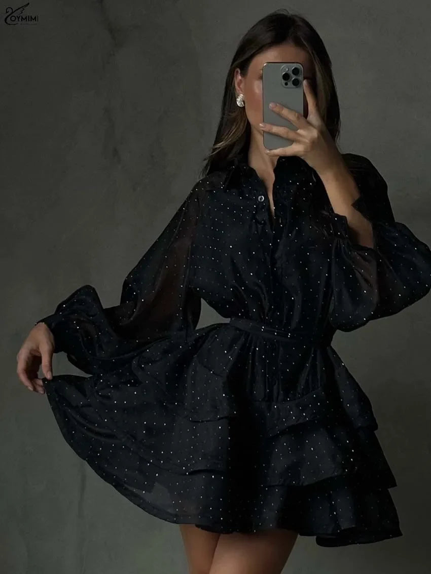 Fashion Black Rhinestone Women's Dress Casual Lapel Long Sleeve Button Dresses Elegant New Lace-Up Pleated Mini Dresses