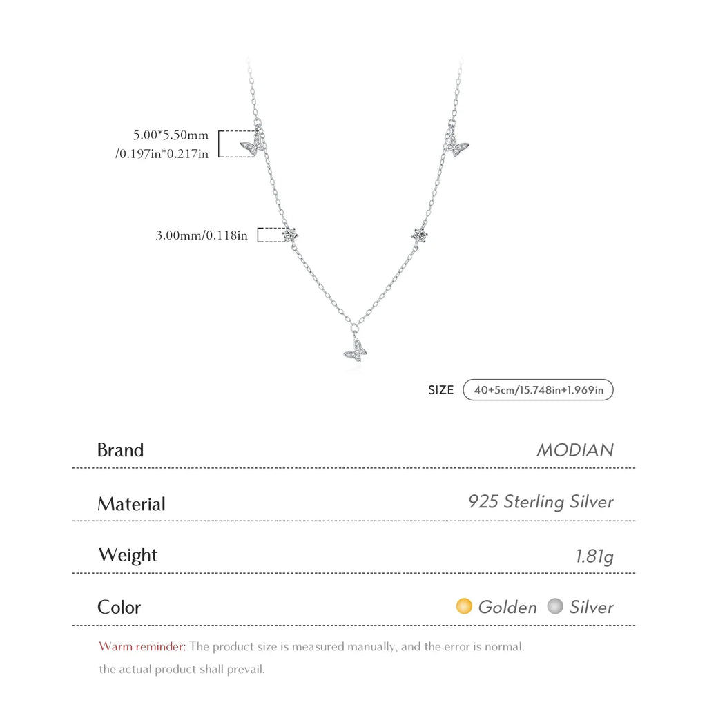 Flying Butterfly CZ Necklace 925 Sterling Silver Simple Link Chain Charms White Gold Plated Necklaces For Women Jewelry