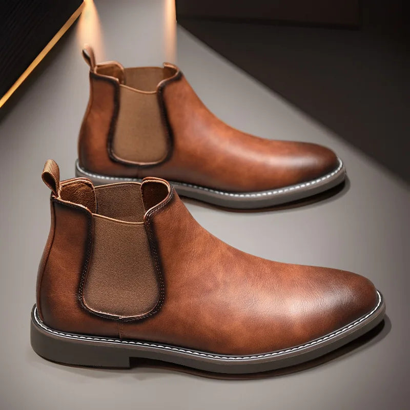 Men Autumn Winter New Leather Boots Trendy Versatile Comfort Footwear High Top British Style Short Boots Casual Light Male Shoes