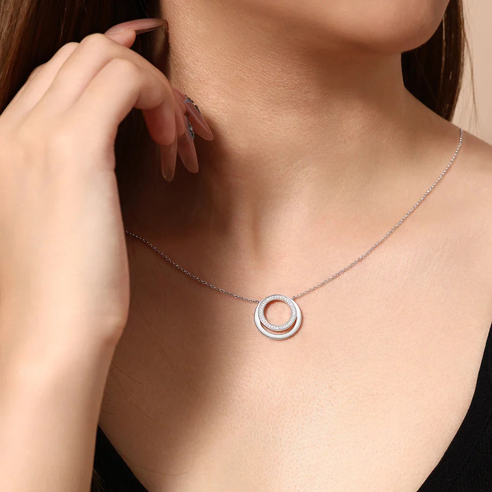 Full Moissanite Necklace DVVS1 18K Gold Plated 925 Sterling Silver Double Circle Round Pendant Women Party Fine Jewelry