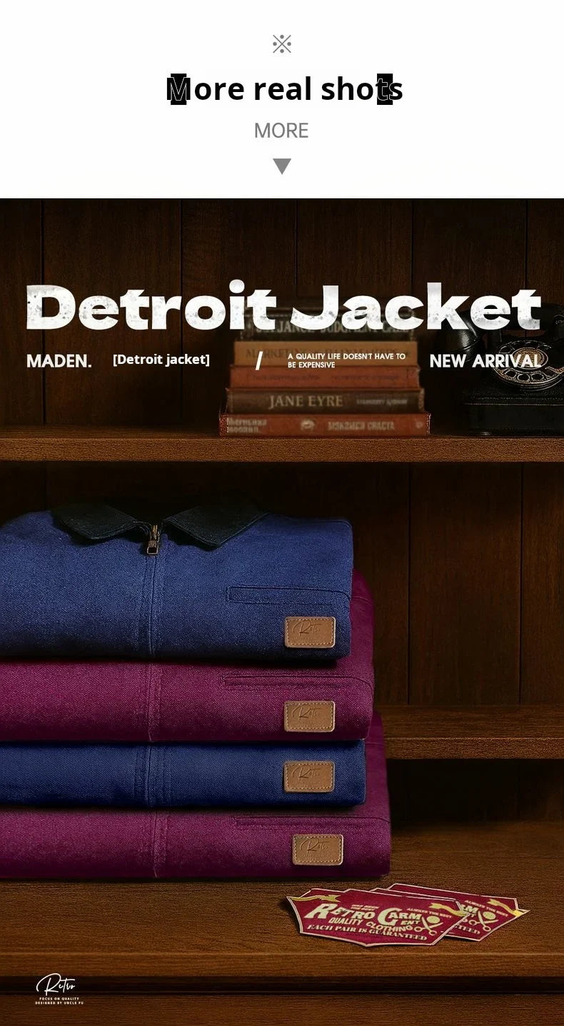 Men's Retro J001 Detroit Jacket Heavyweight Canvas Hunting Coat Lapel Collar Work Jackets with Zipper for Spring Fall