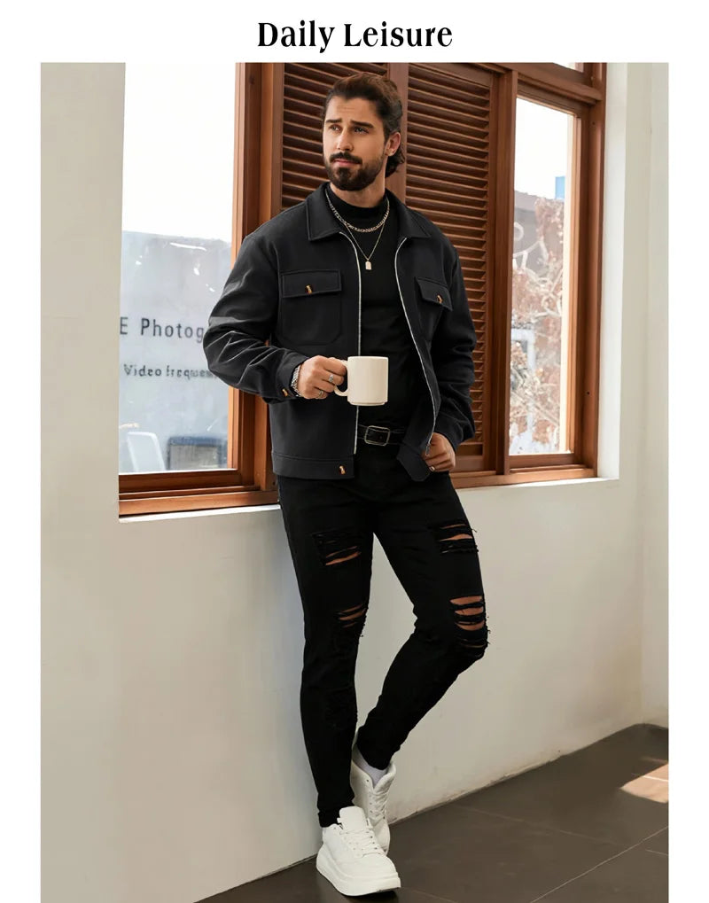 Men's Polyester Brushed Jacket, Lapel Button/Zipper Coat with Pocket, Comfortable Casual Autumn Winter Office Business Wear