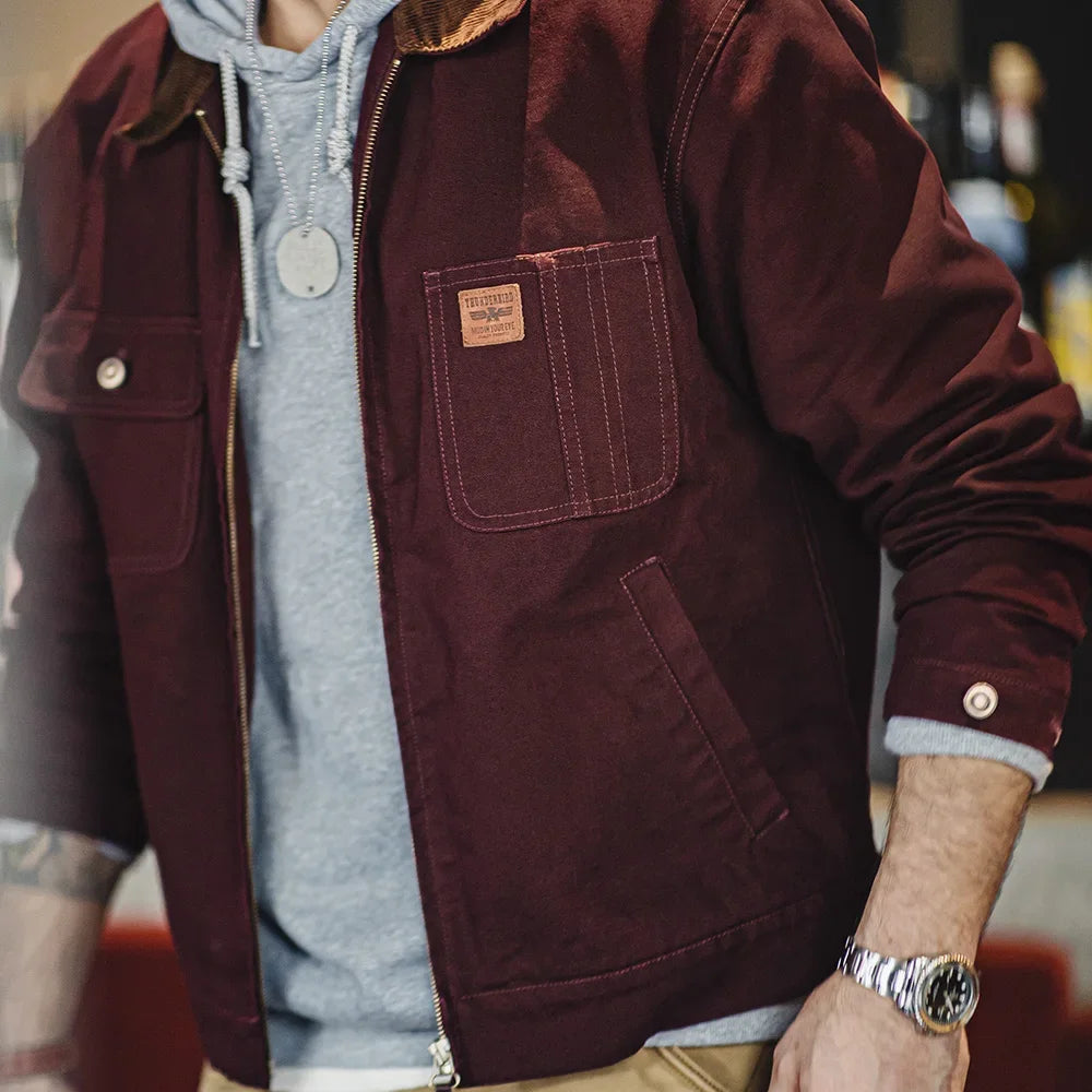 Retro Heavyweight Canvas Detroit Jacket Corduroy Collar Hunting Short Zip-Up Jacket with Pockets Men's Autumn Outerwear