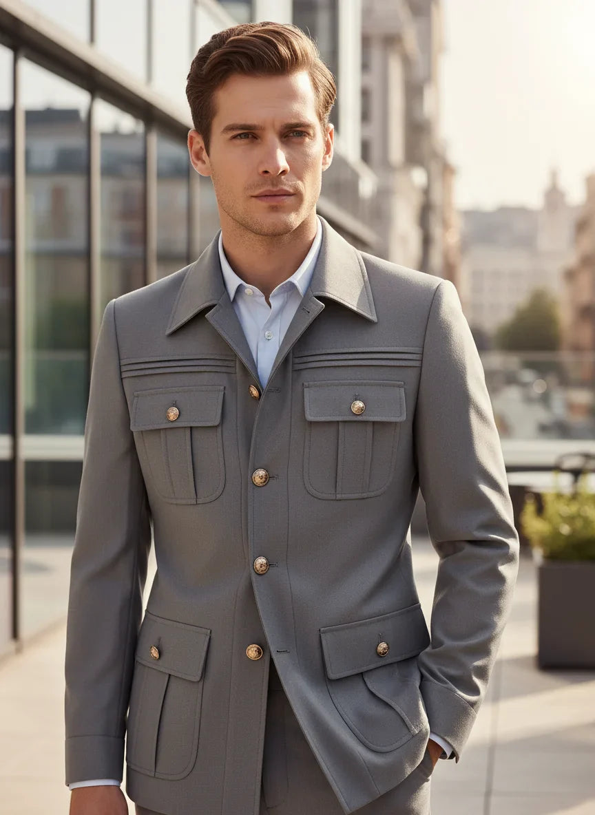 Two-piece dress black slim fit mens suits Classic Fit Multi Buckle Multi Pocket Solid Color Casual Business man blazer