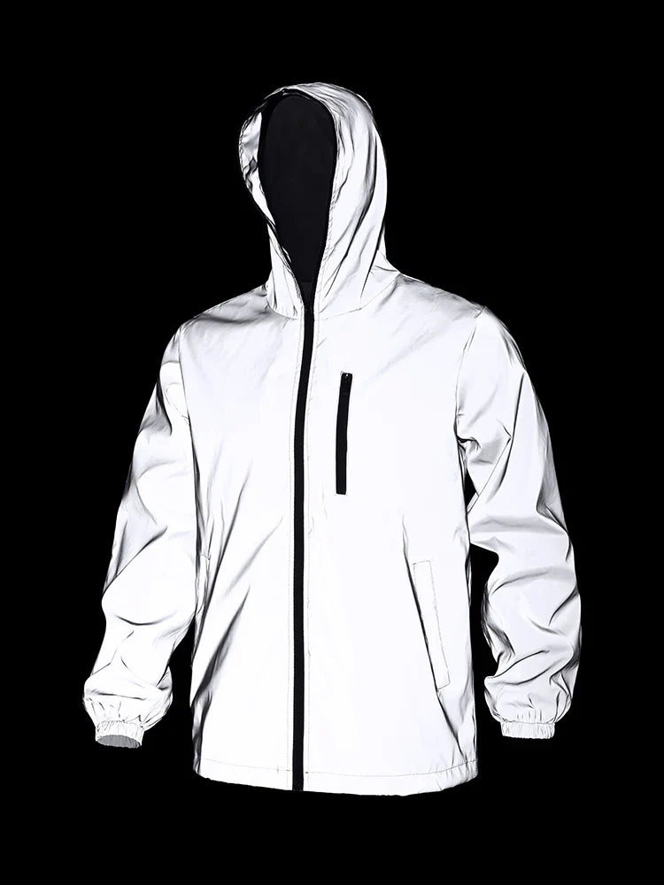 Spring New Men's Reflective Clothes Windproof Night Running Hoodie Jacket Glowing Safe Jacket Street Dance Hip Hop Streetwear