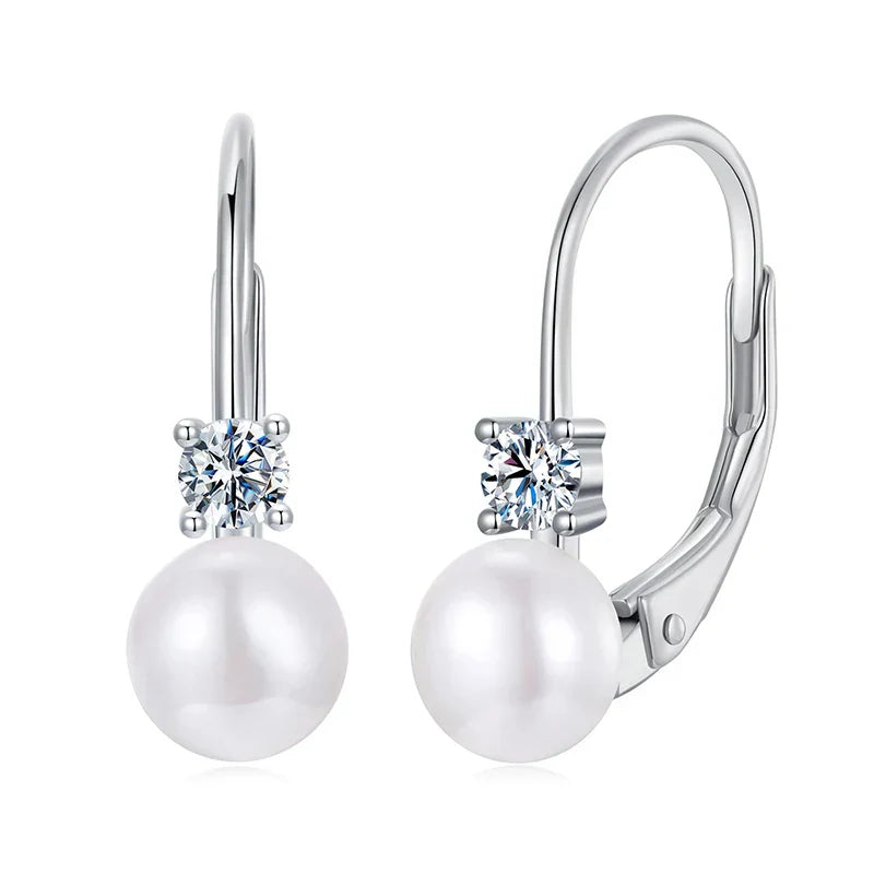 Moissanite Freshwater Pearl Earrings for Women Wedding, Round Cut Lab Diamond 925 Sterling Silver Drop Dangle Ear Buckles