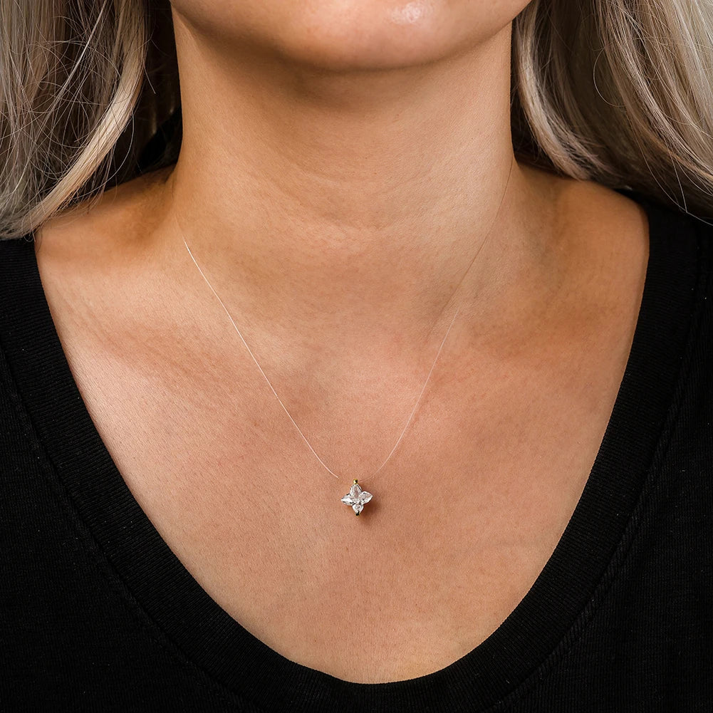 Dainty Invisible Line 925 Silver Simple Flower 8A Cubic Zirconia Choker Chain Transparent Fishing Line Collier LZN33