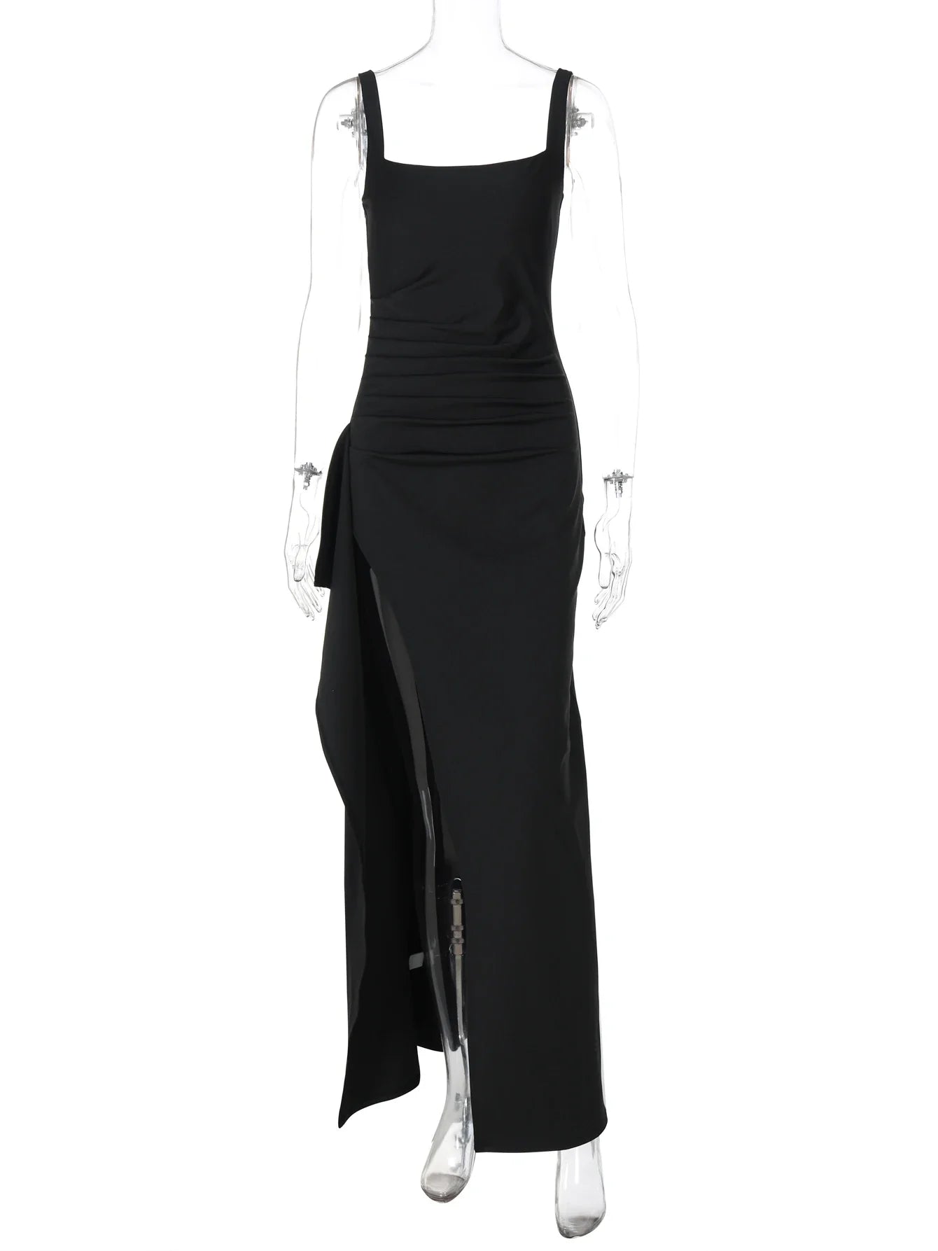 Women Elegant Solid Straps Slit Ruched Patchwork Sexy Bodycon Maxi Dress Summer Outfits Evening Party Birthday Festival