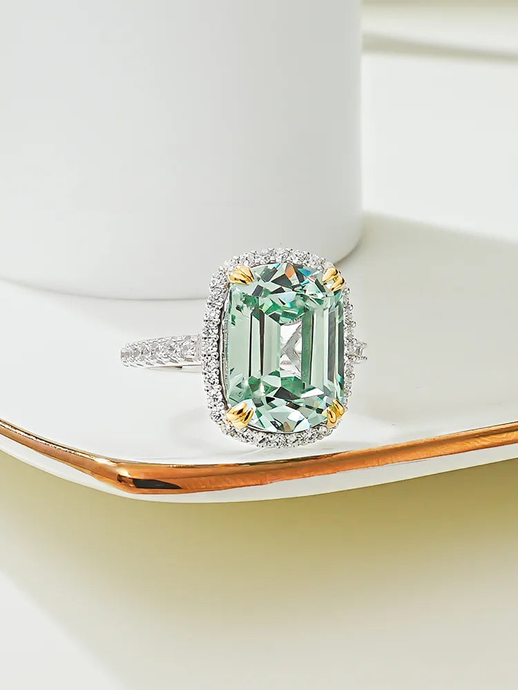 Luxurious light green tourmaline 925 sterling silver ring set with high carbon diamond temperament niche and versatile for women