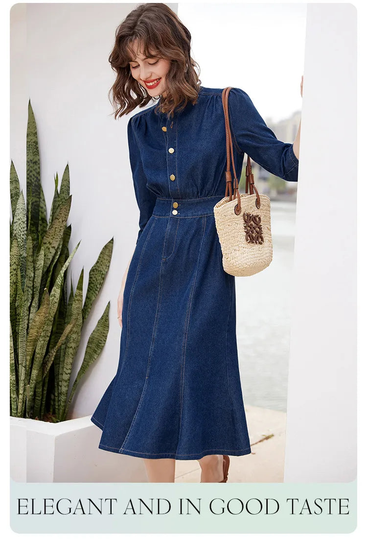 Women Denim Dress Retro Style Casual 2024 Spring Round Neck Three-quarter Sleeve Slim Fit A-line Fishtail Dress