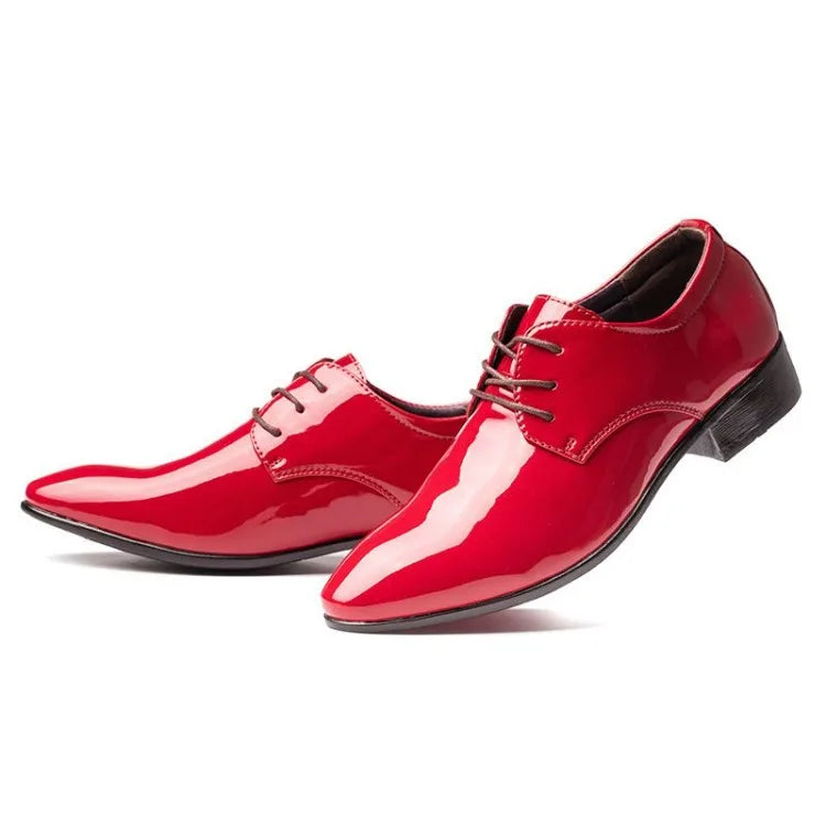 Men's Red Patent Leather Wedding Groomsmen Shoes Low Block Heel Business Formal Dress Shoes Trendy Casual Footwear