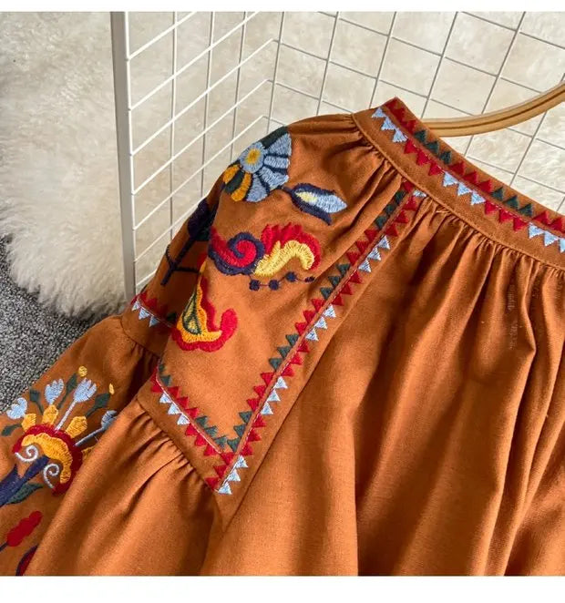 Retro Ethnic Sle Long Sve Embroidered round Ne A-Line Cotton Linen Dr Slimming Waist Cinched Ele Long Dr