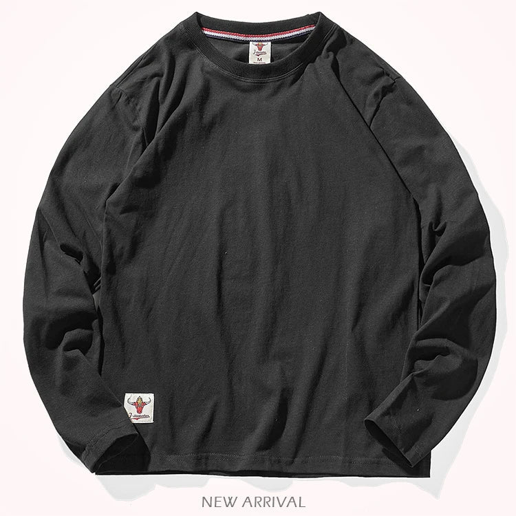 Autumn American Retro Long Sleeve O-neck Solid Color T-shirt Men's Fashion Simple 100% Cotton Washed Old Casual Bottoming Tops