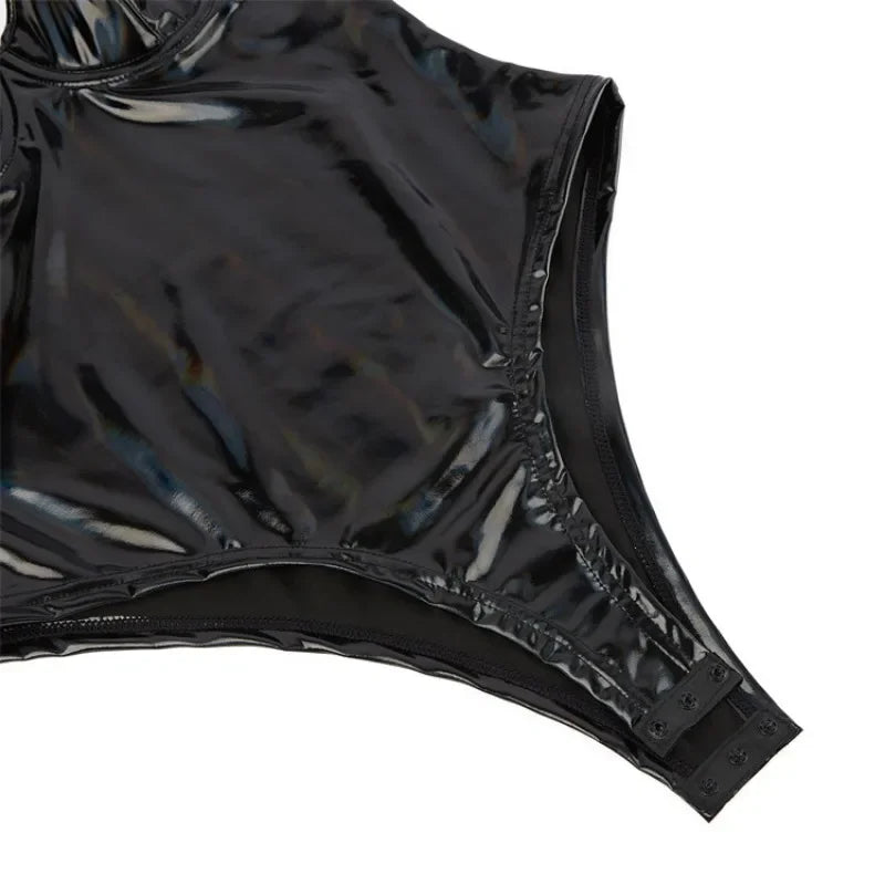 Wet Look Shiny PU Leather One-piece Bodysuits Women's Lingerie Swimsuit Spaghetti Strap Bra Push Up Overbust Corsets
